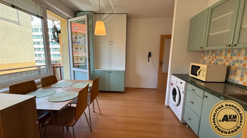 Dining area and kitchen with wood-patterned flooring in a studio apartment.