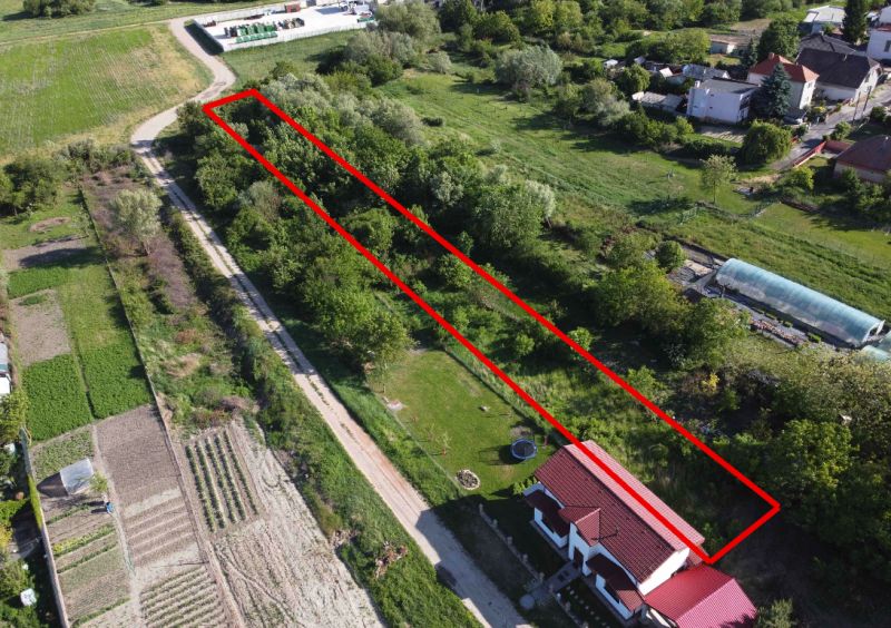 A plot of land in the gardens in the village of Branč, bordered by a red line, surrounded by greenery.