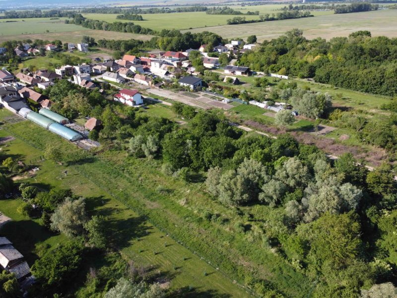 A view of the gardens in Branč, surrounded by trees and fields.