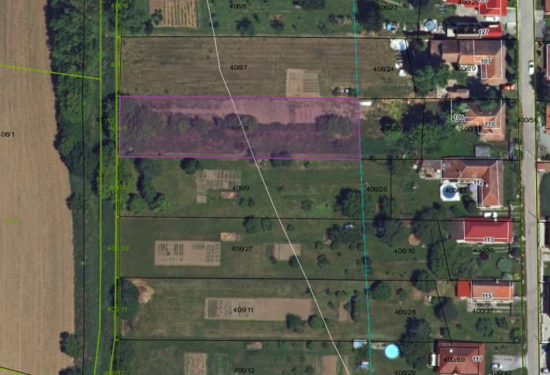 Aerial view of gardens and fields in Hruboňovo, detailed plots and vegetation.