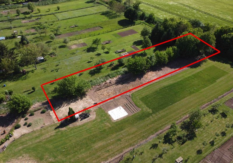Aerial view of the gardens in Hruboňovo with the area marked in a red frame.