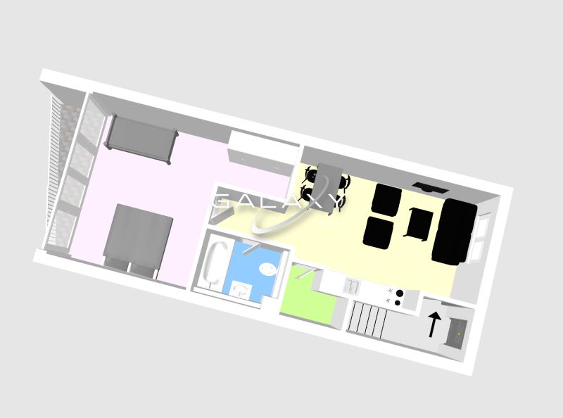 Floor plan of a recreational apartment with a kitchen, living room, bedroom, bathroom, and balcony.