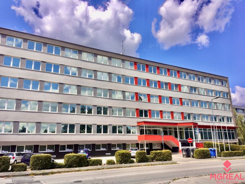 Office building with red details on Drieňová Street in Bratislava - Ružinov.