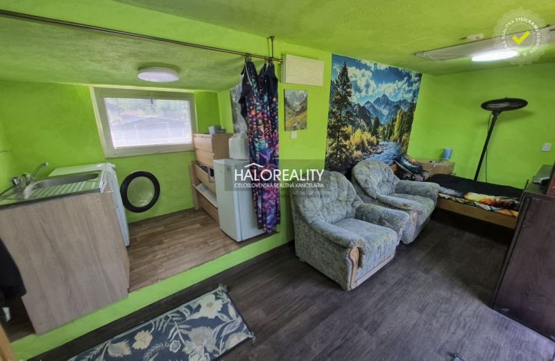 An interior with green walls, armchairs, a kitchen unit, and a wooden decor floor.
