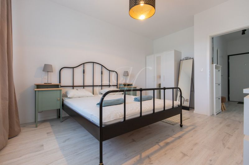 Bedroom with a metal bed, wardrobe, and wood-decorated flooring in a two-room apartment.