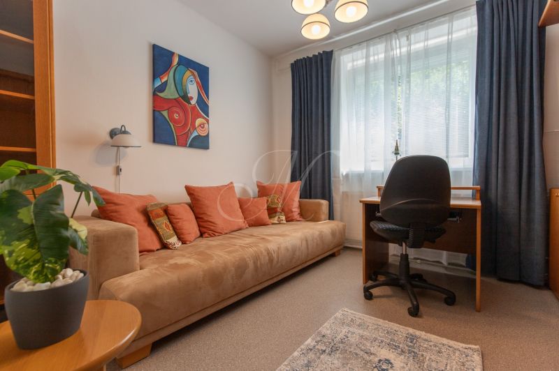 Living room with a sofa, a painting, and a desk in a 3-room apartment.
