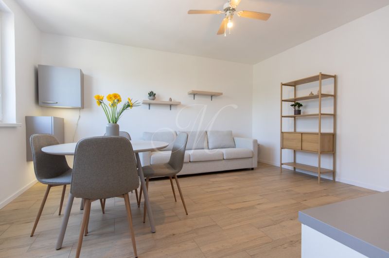 Living room in a two-room apartment with a wooden decor floor and a dining table.