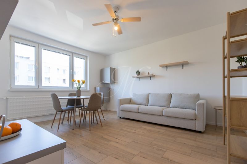 Living room in a two-room apartment with a wooden decor floor, dining table, and sofa.