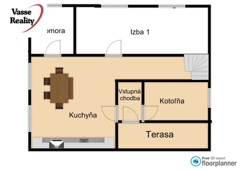Floor plan of a family house showing the kitchen, room, pantry, and boiler room.