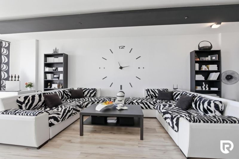 A black and white living room with a large sofa, a coffee table, and shelves in a two-room apartment.