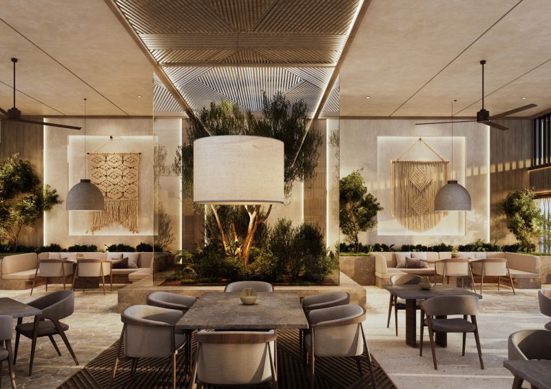 A stylish space with wooden decorations, large lighting, and comfortable seating.