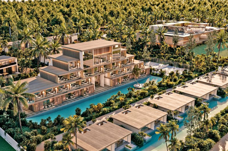 A resort in Nungwi surrounded by palm trees and water channels offers a unique tropical experience.