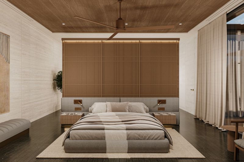Bedroom in a villa with a wood-patterned floor and beige curtains.