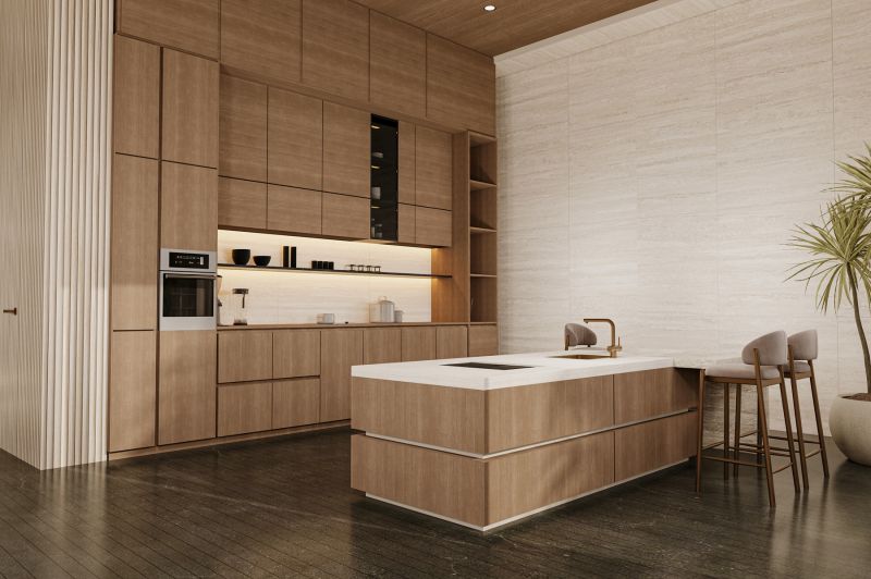 Kitchen in a villa with a wooden decor floor, light wood, and minimalist design.