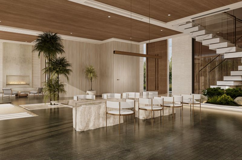 Spacious living room in a villa with wood-patterned flooring.