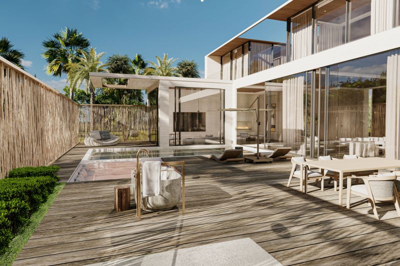 Villa in Nungwi with a garden, pool, and terrace with wood-patterned flooring.
