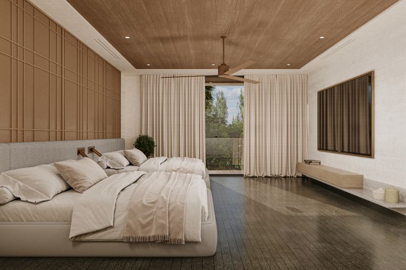 A bedroom with a large bed, curtains, and a wooden decor floor in a villa.