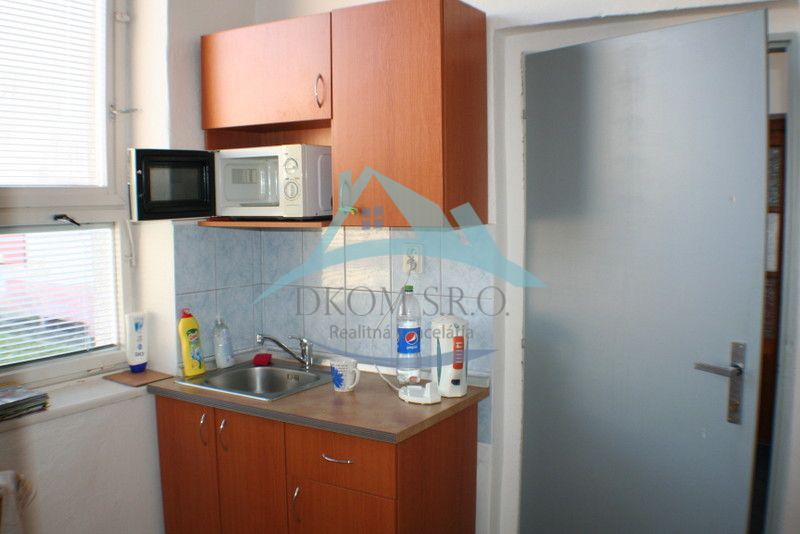 A kitchenette with a microwave, sink, and cabinet offers practical storage space.