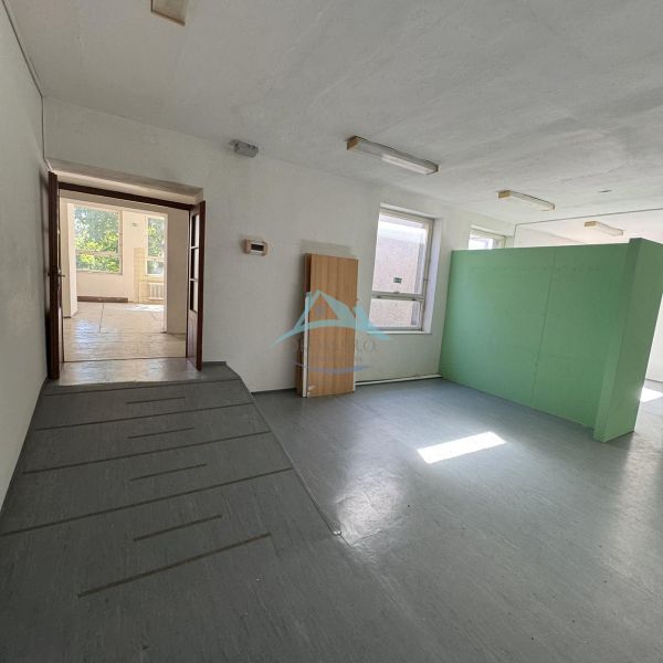 Interior of commercial spaces with windows, entrance, and simple flooring with wooden decor.