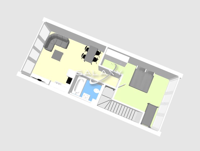 Layout of the holiday apartment: living room, kitchen, bedroom, bathroom, and staircase.