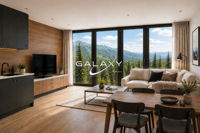Recreational apartment with wood-decor flooring, large windows, and views of forests and mountains.