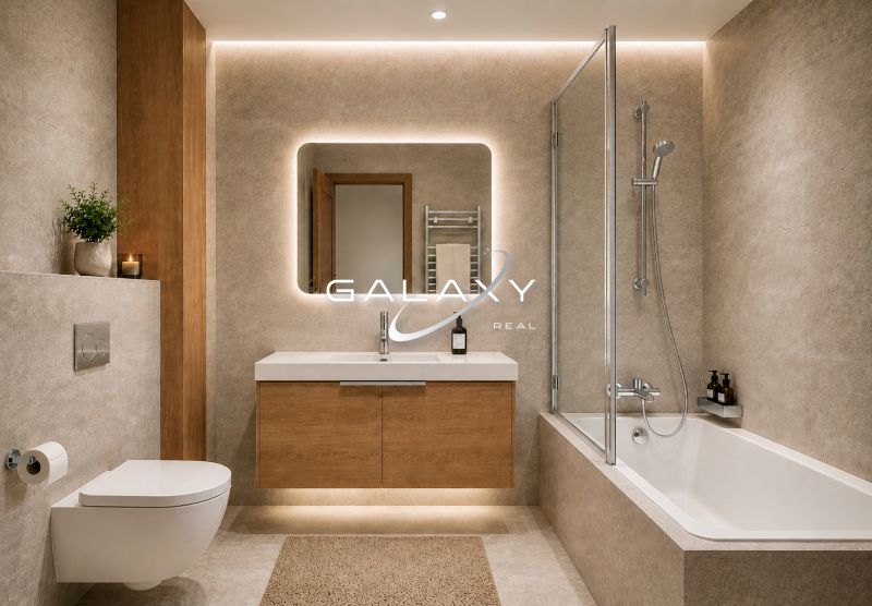 A bathroom in a vacation apartment with a bathtub, sink, and floor with a wooden decor.
