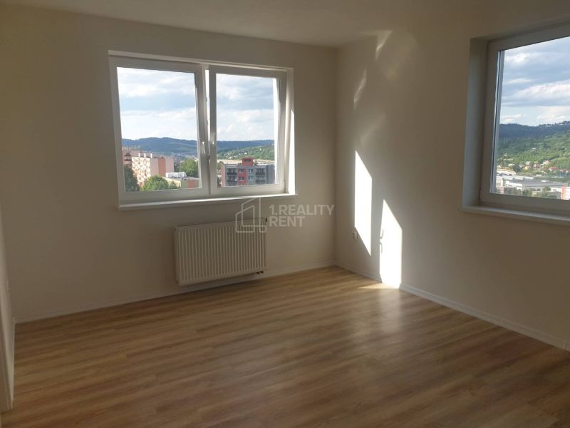 A room in a one-bedroom apartment with a wood-patterned floor and large windows.
