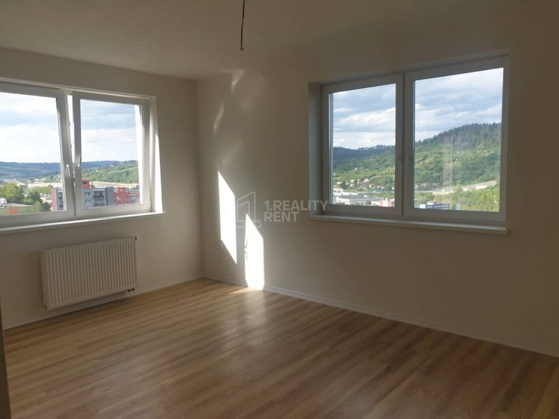 A bright empty room with wood-patterned flooring and large windows in a studio apartment.