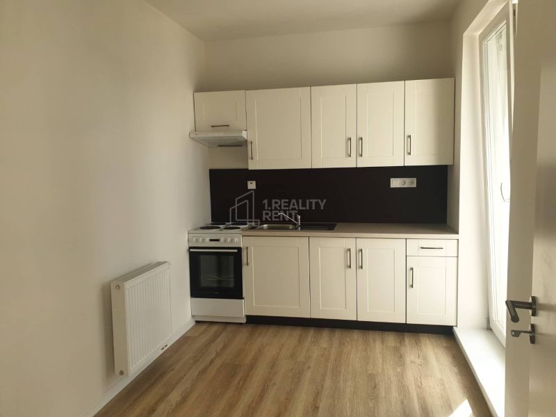 A kitchen in a studio apartment with a wood-patterned floor and white cabinets.