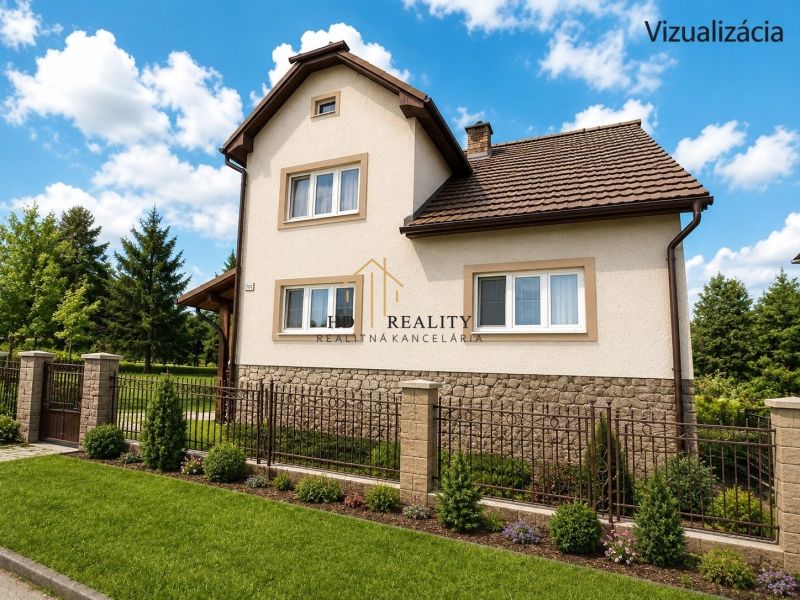 A family house in Sebechleby surrounded by a landscaped garden and a fence under a blue sky.