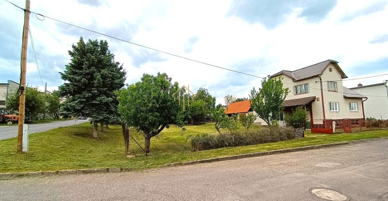 A family house in Sebechleby with well-maintained greenery, asphalt road, surrounding trees.