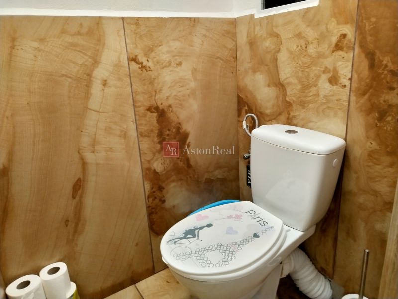 A toilet with an imaginative seat and walls with a wood decor in a 2-room apartment.
