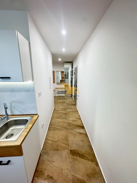 A narrow hallway in a 2-room apartment with a kitchenette and a wooden decor floor.