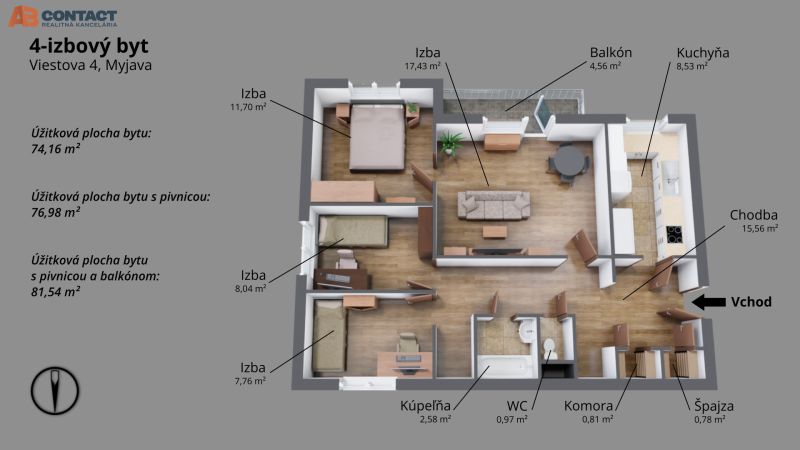 Floor plan of a 4-room apartment on Viestova Street in Myjava with a wooden decor floor.