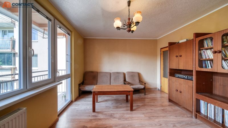 Living room in a 4-room apartment with a sofa, table, and wooden decor flooring.