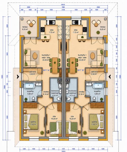 Floor plan of a two-story 3-room apartment with room layout and terraces.