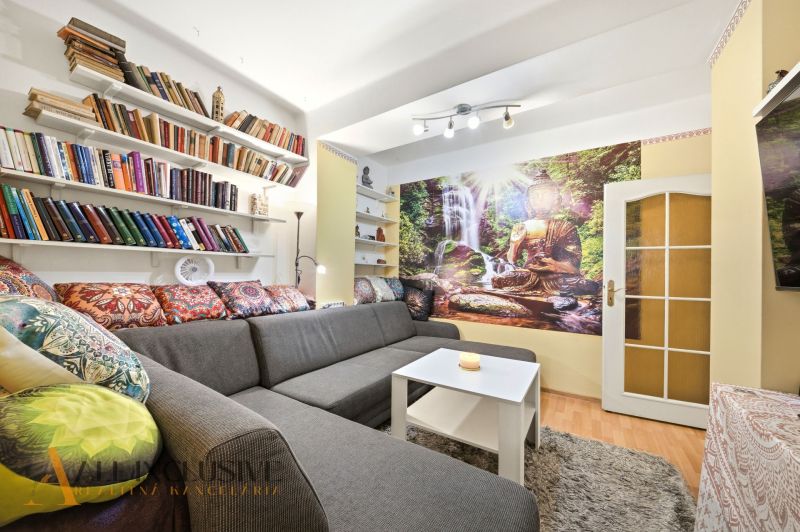 Living room in a 3-room apartment with colorful pillows, carpet, books, and an oriental photo wallpaper.
