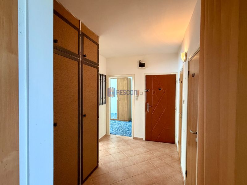 Hallway of a 4-room apartment with storage cabinets and brown doors.