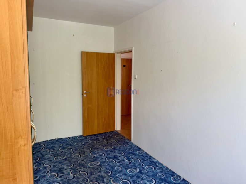 A view into a 4-room apartment with carpet and wooden doors.