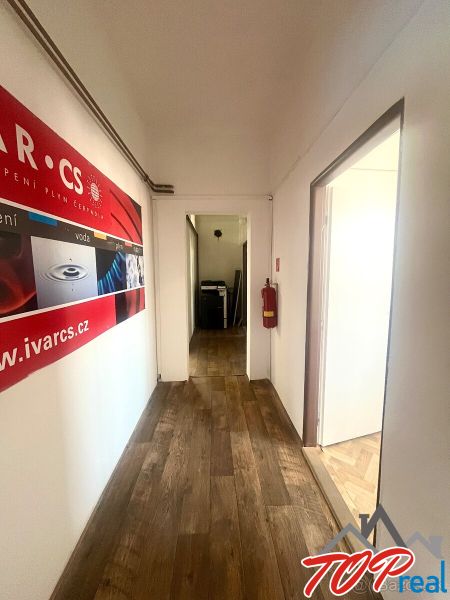 A corridor in commercial premises with a wooden decor floor and a wall poster.
