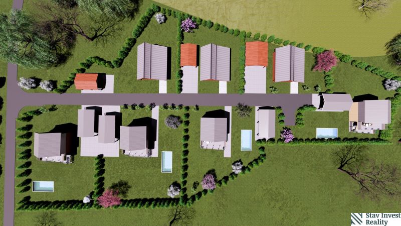 Visualization of gardens on Hlinícka Street in Myjava with family houses and swimming pools.