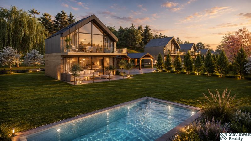A family house at sunset with a garden and a swimming pool on Hlinícka Street in Myjava.