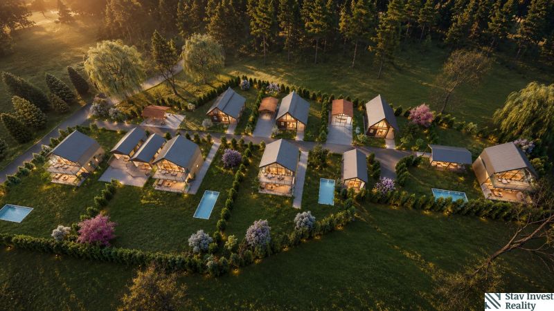 Above Myjava, on Hlinícka in the gardens, sprawling houses with pools surrounded by nature.