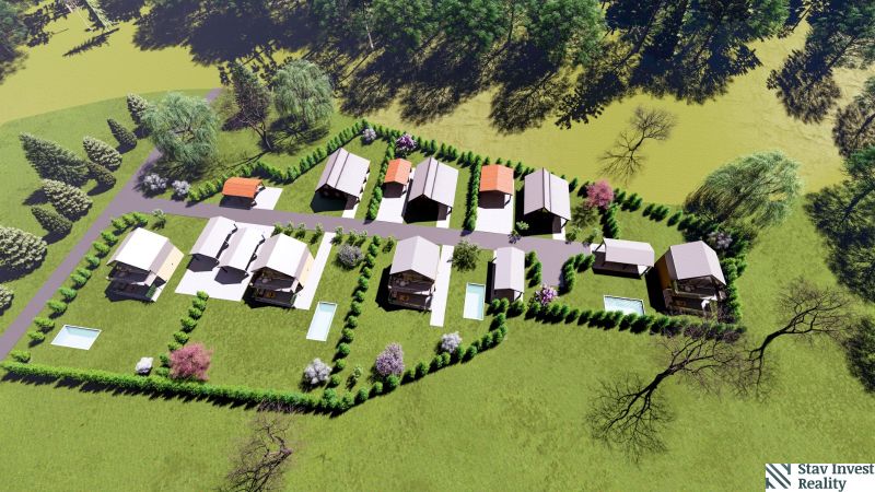 Visualization of gardens with family houses and swimming pools on Hlinícka Street in Myjava.