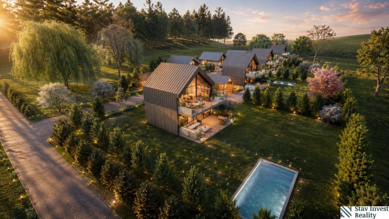 Gardens with modern houses and a swimming pool in the Hlinícka area, Myjava, at sunset.