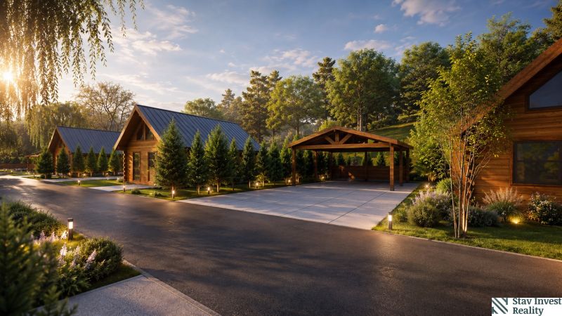 Wooden cottages surrounded by greenery and lighting on Hlinícka Street in Myjava, Záhrady area.