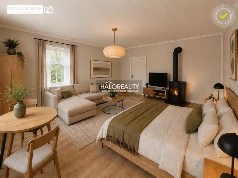 Family house: cozy room with a fireplace, bed, and wooden decor flooring.