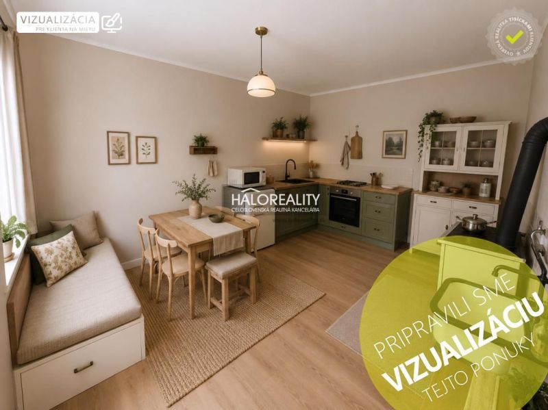 Interior of a family house with a kitchen, dining table, and wooden decor flooring.