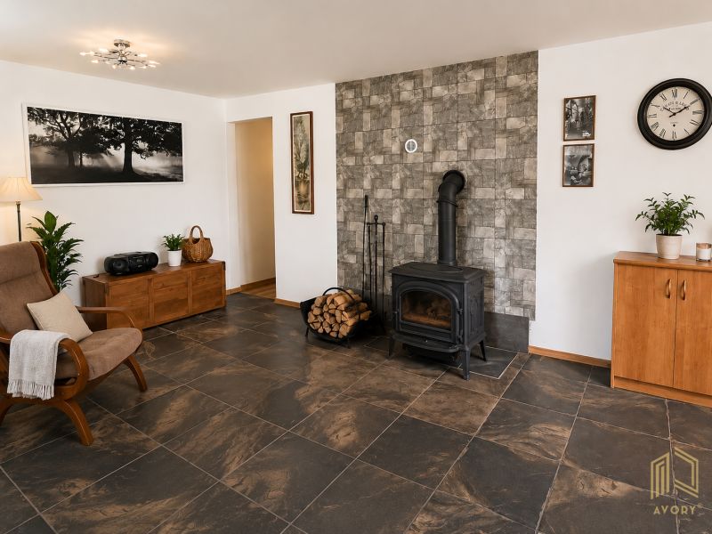 Interior of a cabin with a wood-burning stove, wooden decor flooring, wooden furniture, and decorations.
