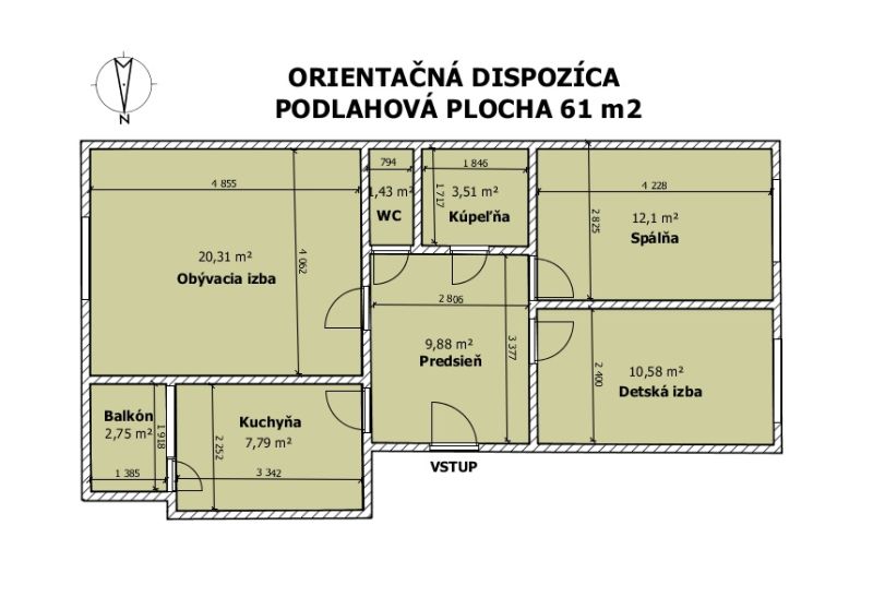 Floor plan of a 3-room apartment with a bathroom, kitchen, and balcony on an area of 61 m².